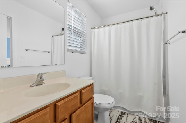 bathroom featuring vanity, curtained shower, and toilet