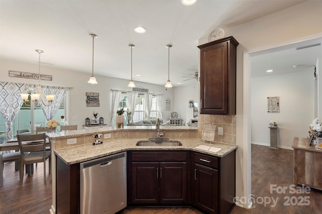 kitchen featuring a sink, stainless steel dishwasher, dark brown cabinetry, a peninsula, and light stone countertops