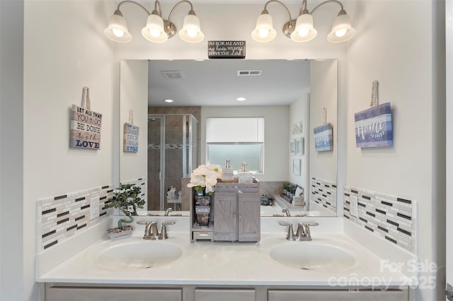 bathroom with a sink, visible vents, and a stall shower