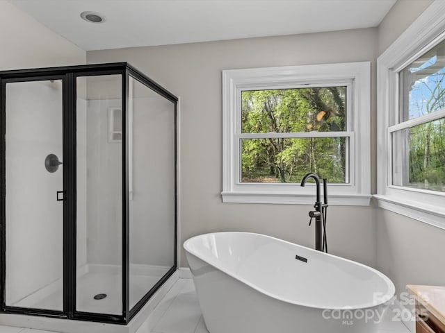 bathroom with a stall shower, a freestanding bath, and vanity