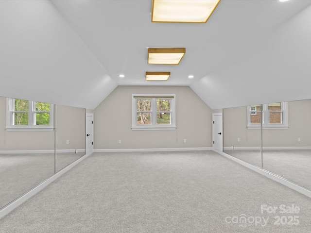 additional living space featuring plenty of natural light, vaulted ceiling, carpet, and baseboards