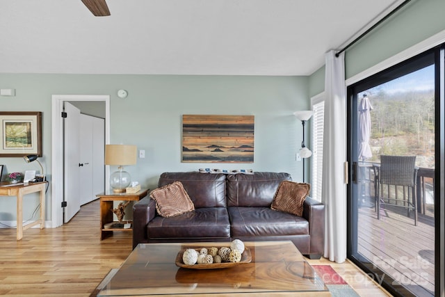 living area with ceiling fan and light wood-style floors