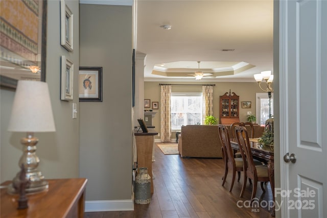 hall featuring a raised ceiling, crown molding, and dark hardwood / wood-style flooring