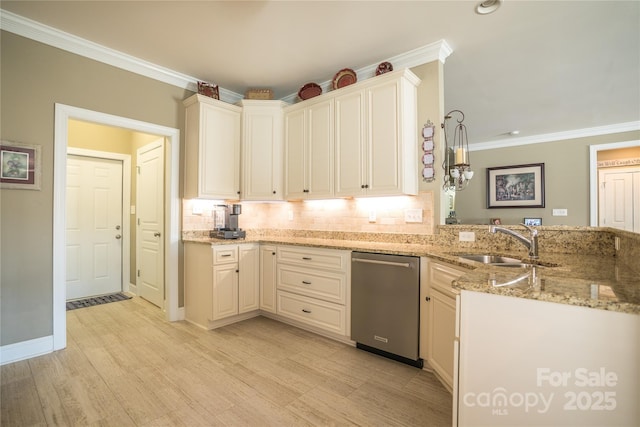 kitchen featuring sink, light hardwood / wood-style flooring, dishwasher, light stone countertops, and kitchen peninsula