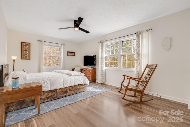 bedroom with light hardwood / wood-style flooring and ceiling fan