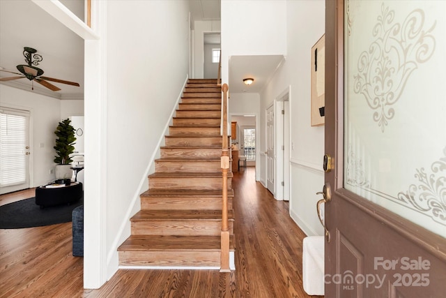 stairs with hardwood / wood-style floors and ceiling fan