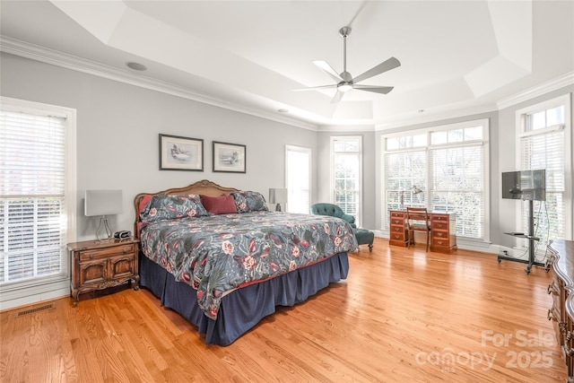 bedroom featuring multiple windows, light wood-type flooring, and a tray ceiling