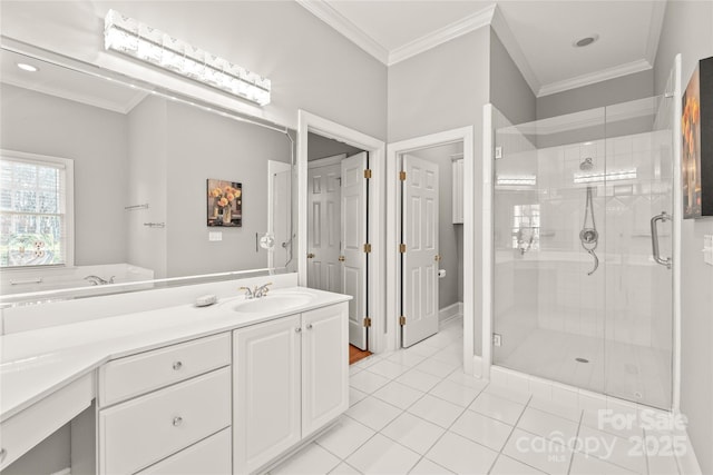 bathroom featuring crown molding, tile patterned floors, vanity, and a shower with shower door