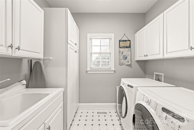 laundry room with cabinets, sink, and washer and clothes dryer