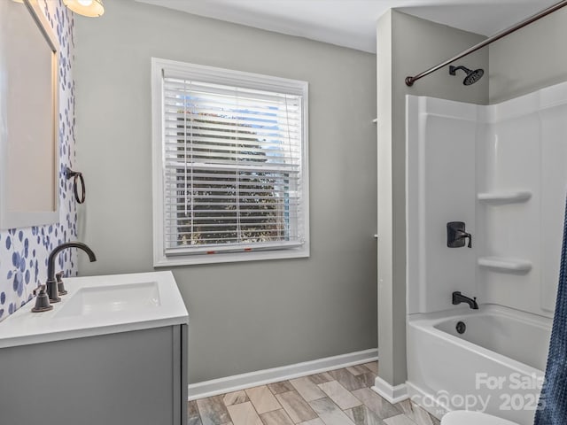 bathroom with vanity and shower / bath combination with curtain