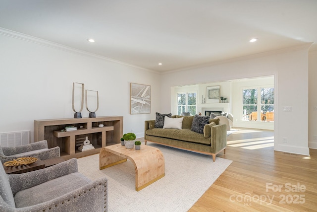 living room with hardwood / wood-style floors and crown molding