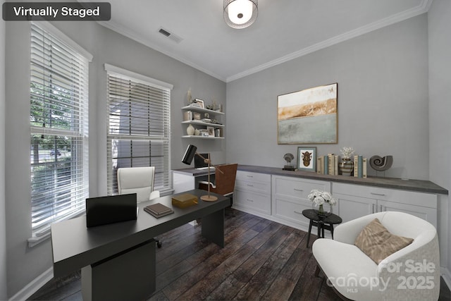 office area featuring dark hardwood / wood-style flooring, crown molding, and a wealth of natural light