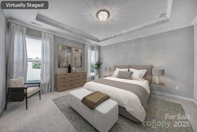 carpeted bedroom with ornamental molding, a raised ceiling, and multiple windows