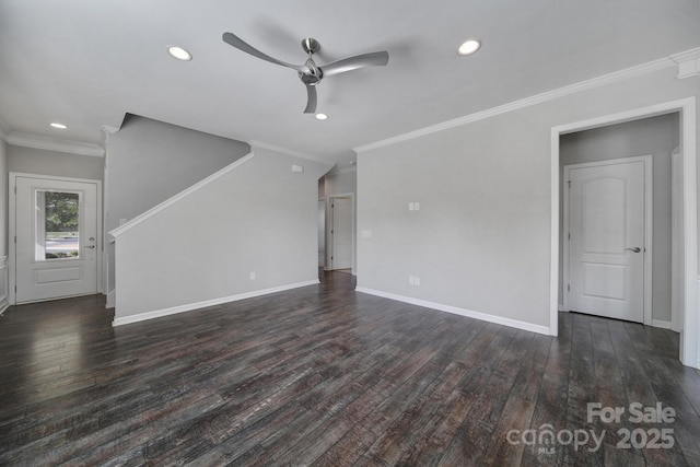 unfurnished living room featuring ornamental molding, dark hardwood / wood-style floors, and ceiling fan