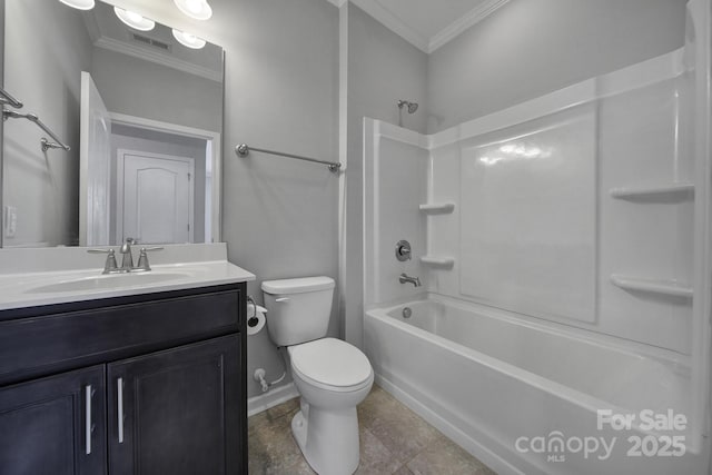 full bathroom featuring vanity, crown molding, shower / tub combination, and toilet