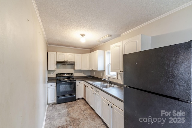 kitchen with ornamental molding, sink, white cabinets, and black appliances