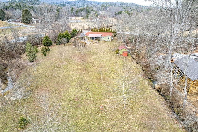 birds eye view of property featuring a wooded view