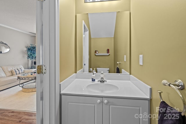 bathroom with vanity, hardwood / wood-style flooring, and toilet