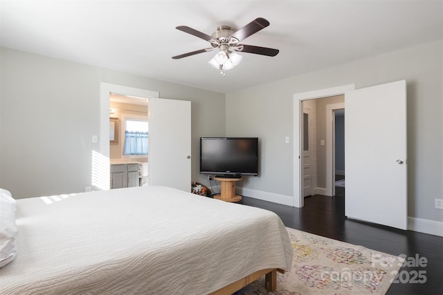 bedroom with dark wood-type flooring and ceiling fan