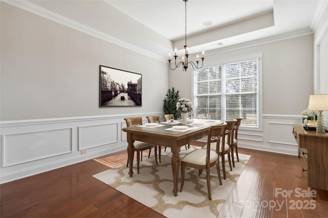 dining room with a raised ceiling, an inviting chandelier, and dark hardwood / wood-style flooring