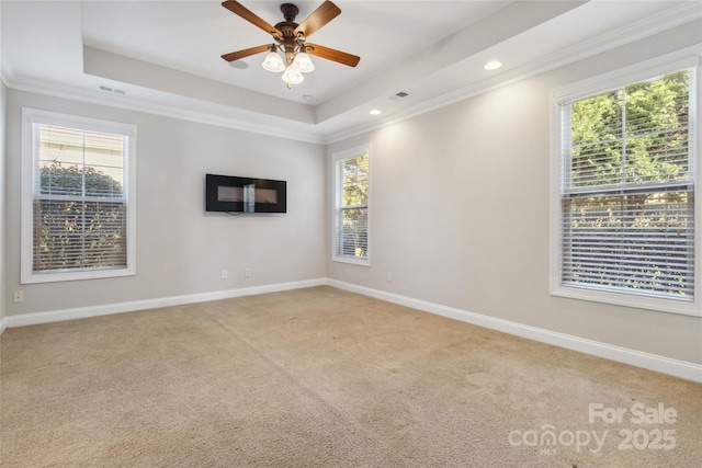 empty room featuring ceiling fan, ornamental molding, a raised ceiling, and light carpet