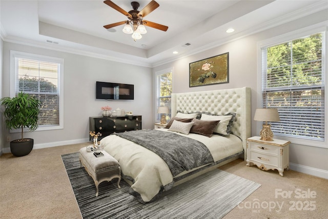 carpeted bedroom featuring ceiling fan, ornamental molding, and a raised ceiling