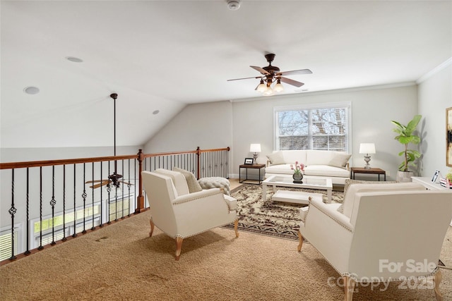 carpeted living room with lofted ceiling and ceiling fan