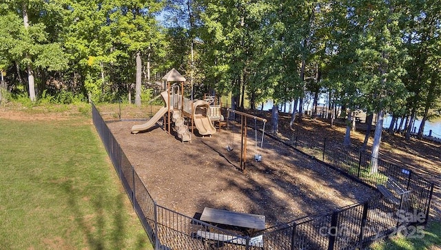 view of playground featuring a water view