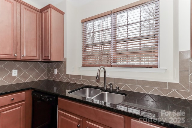 kitchen featuring dark stone counters, dishwasher, sink, and backsplash