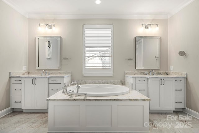 bathroom featuring crown molding, vanity, and a washtub