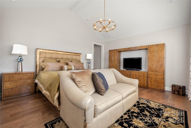 bedroom featuring dark wood-type flooring, high vaulted ceiling, beamed ceiling, and a chandelier