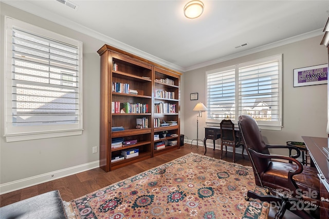 home office featuring crown molding and dark wood-type flooring