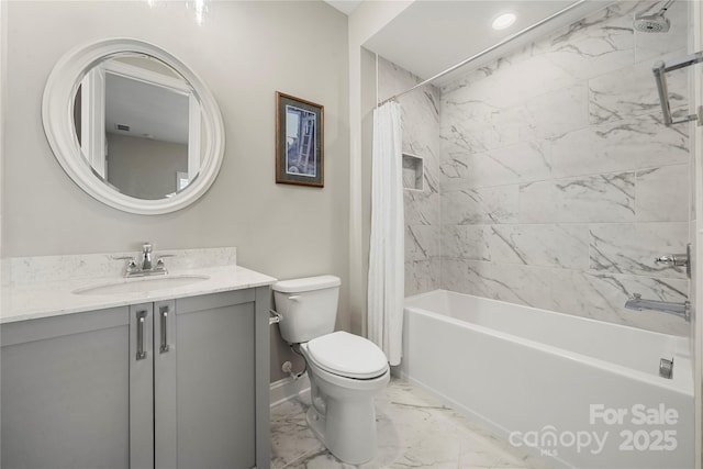 full bathroom featuring vanity, shower / bathtub combination with curtain, and toilet