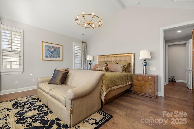 bedroom with dark wood-type flooring, a chandelier, high vaulted ceiling, and beamed ceiling