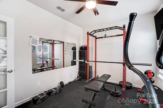 exercise area with ceiling fan