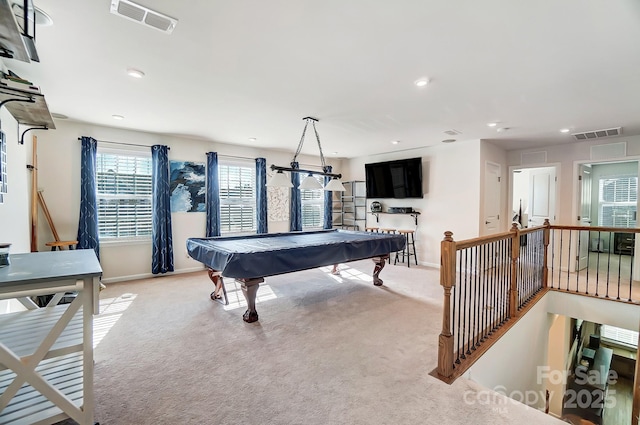 playroom featuring light carpet and billiards