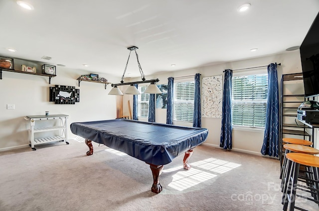 game room featuring light carpet and billiards