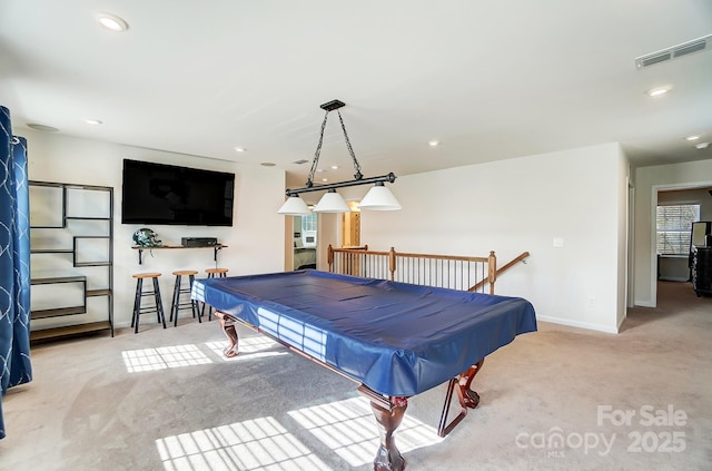 game room featuring light colored carpet and billiards