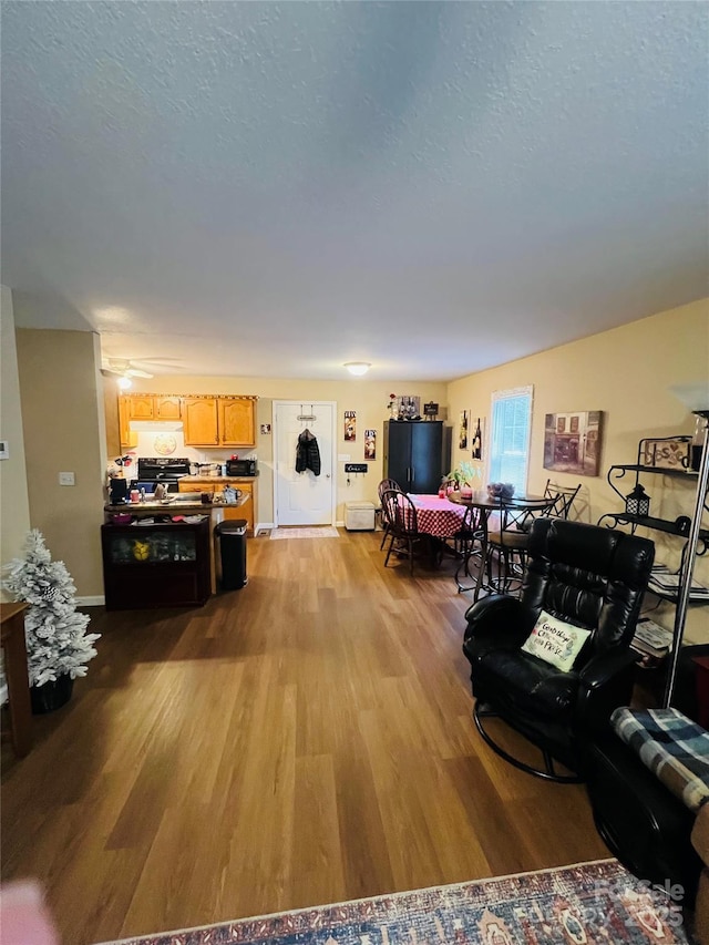 living room with a textured ceiling and light wood-type flooring