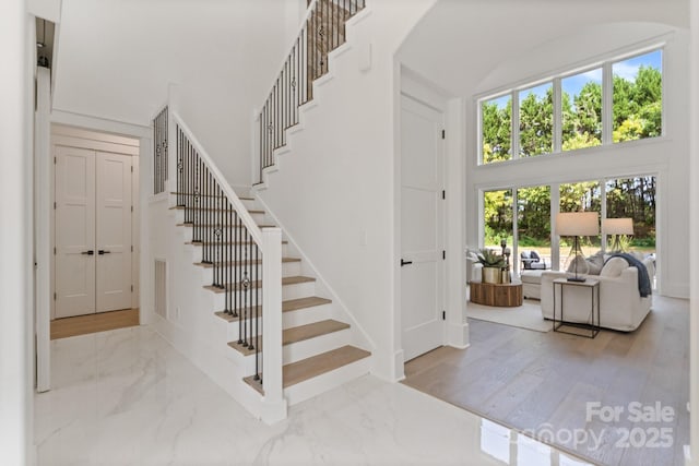 staircase featuring a towering ceiling and wood-type flooring