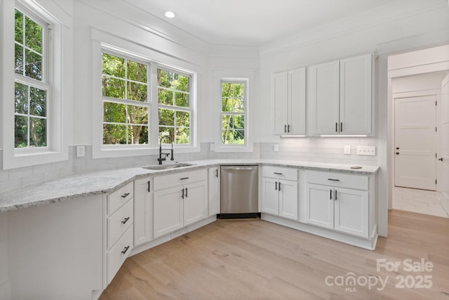 kitchen with dishwasher, sink, and white cabinets