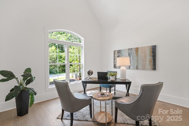 office with hardwood / wood-style flooring, plenty of natural light, and lofted ceiling