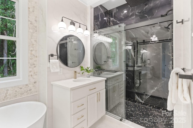 bathroom featuring vanity, separate shower and tub, and tile walls