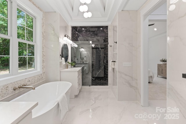 bathroom featuring independent shower and bath, vanity, tile walls, and crown molding