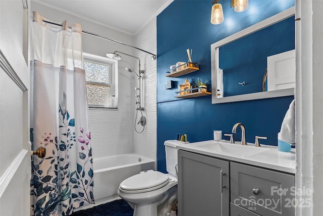 full bathroom featuring vanity, shower / bath combo, and toilet