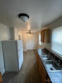 kitchen featuring wood finished floors, brown cabinets, a sink, and freestanding refrigerator