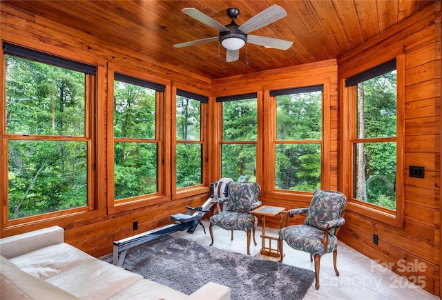 sunroom / solarium featuring ceiling fan and wooden ceiling