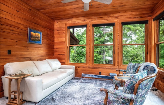 living room with wooden ceiling, ceiling fan, and wood walls