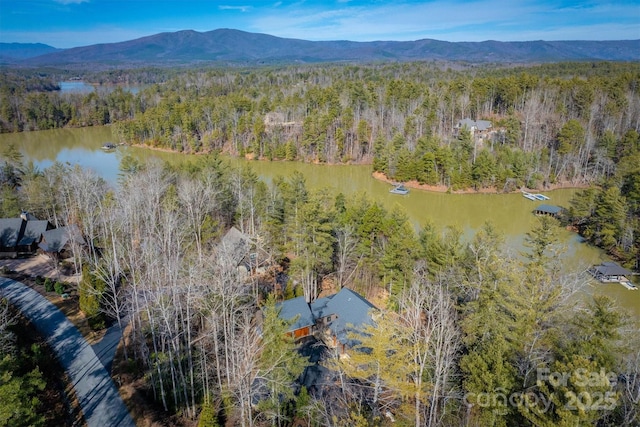 bird's eye view with a water and mountain view