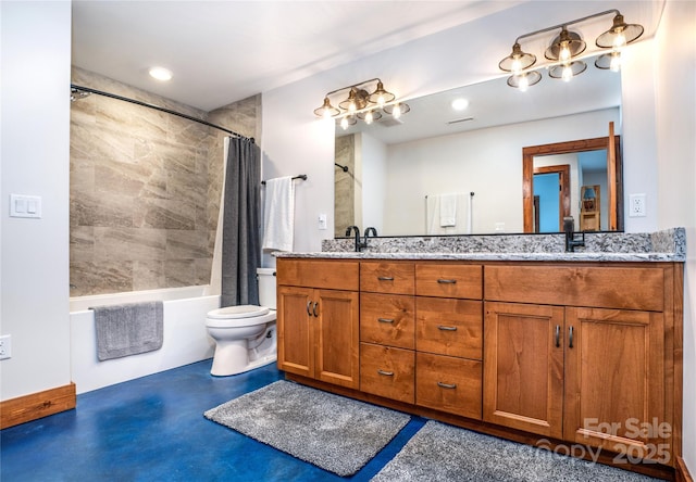 full bathroom featuring vanity, toilet, shower / bath combination with curtain, and concrete floors